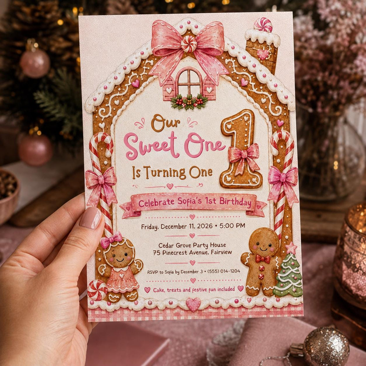 Pink Sweet One First Birthday Invitation for Girls — invitation you personalize in Canva