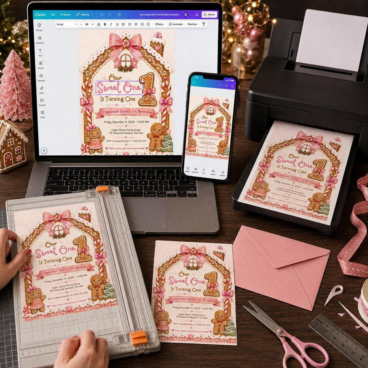 Pink Sweet One First Birthday Invitation for Girls — print-ready first birthday design from VoltBy