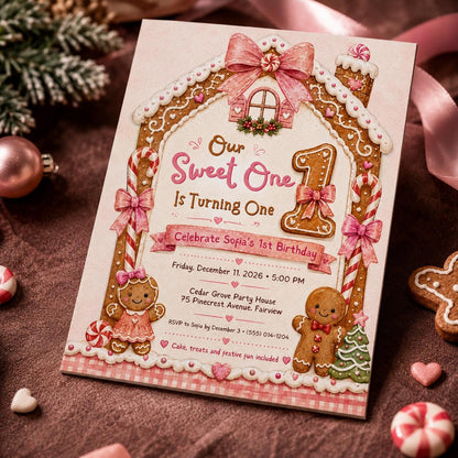 Pink Sweet One First Birthday Invitation for Girls — digital invitation, instant download