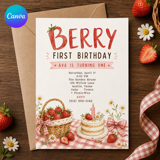 Pink Gingham Berry First Birthday Invitation for Girls — editable Canva template