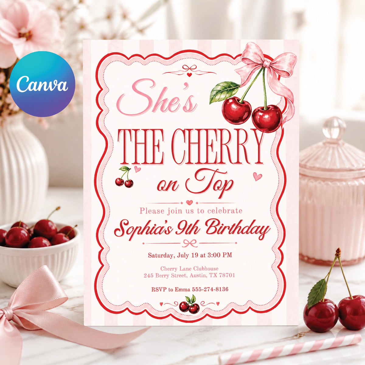 Pink Gingham Cherry Birthday Invitation — editable Canva template