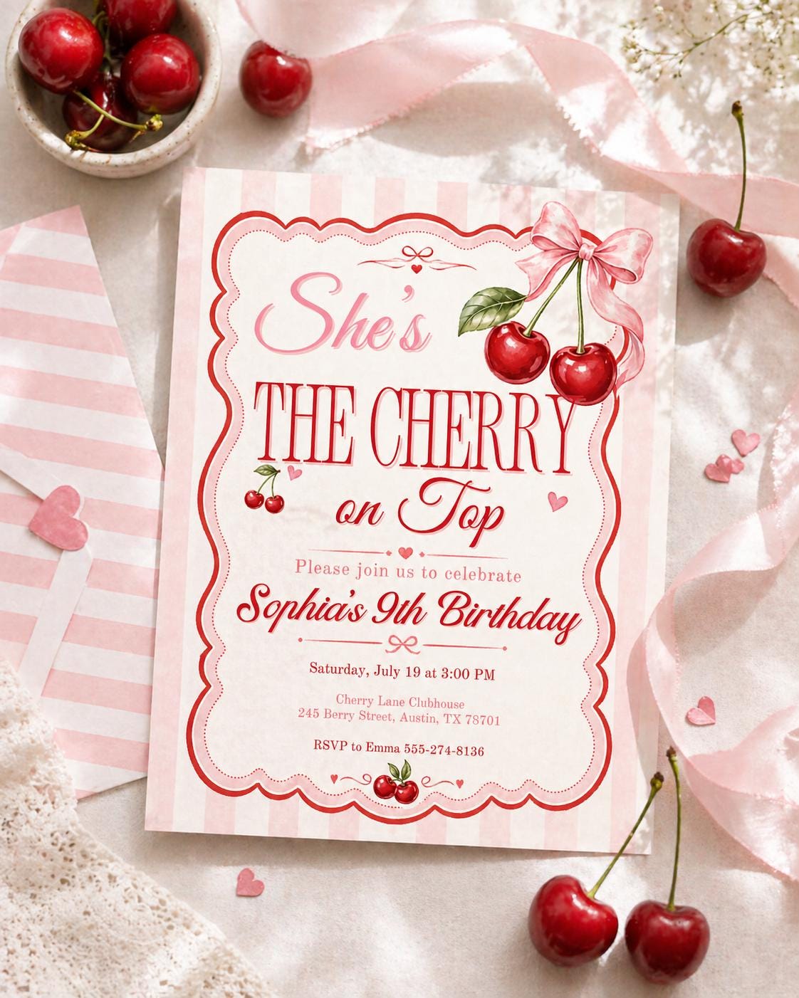 Pink Gingham Cherry Birthday Invitation — bow design