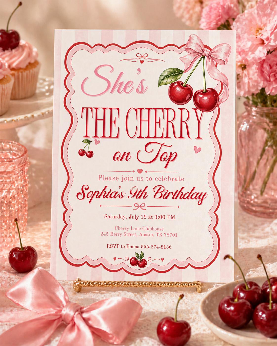 Pink Gingham Cherry Birthday Invitation — invitation you personalize in Canva