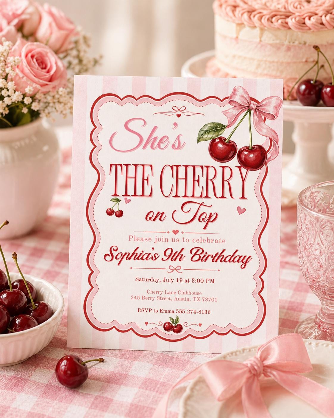 Pink Gingham Cherry Birthday Invitation — print-ready birthday party design from VoltBy