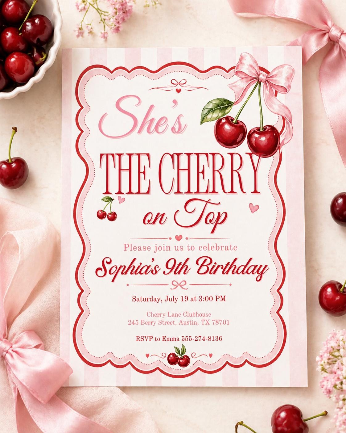 Pink Gingham Cherry Birthday Invitation — digital invitation, instant download