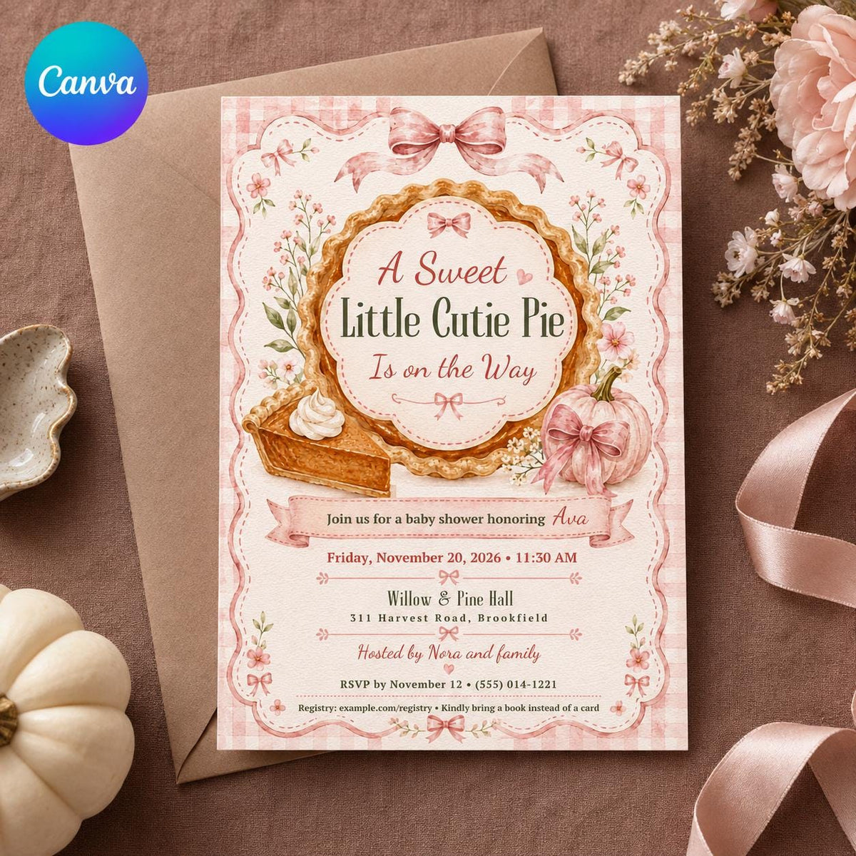 Pink Gingham Cutie Pie Baby Shower Invitation for Girls — editable Canva template