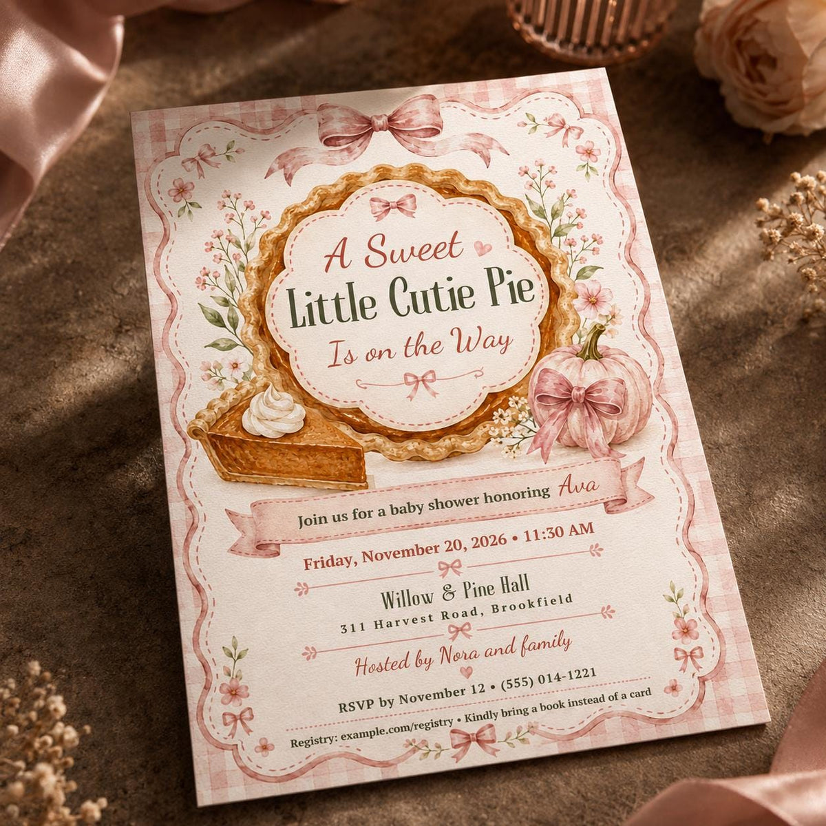 Pink Gingham Cutie Pie Baby Shower Invitation for Girls — bow and pumpkin design