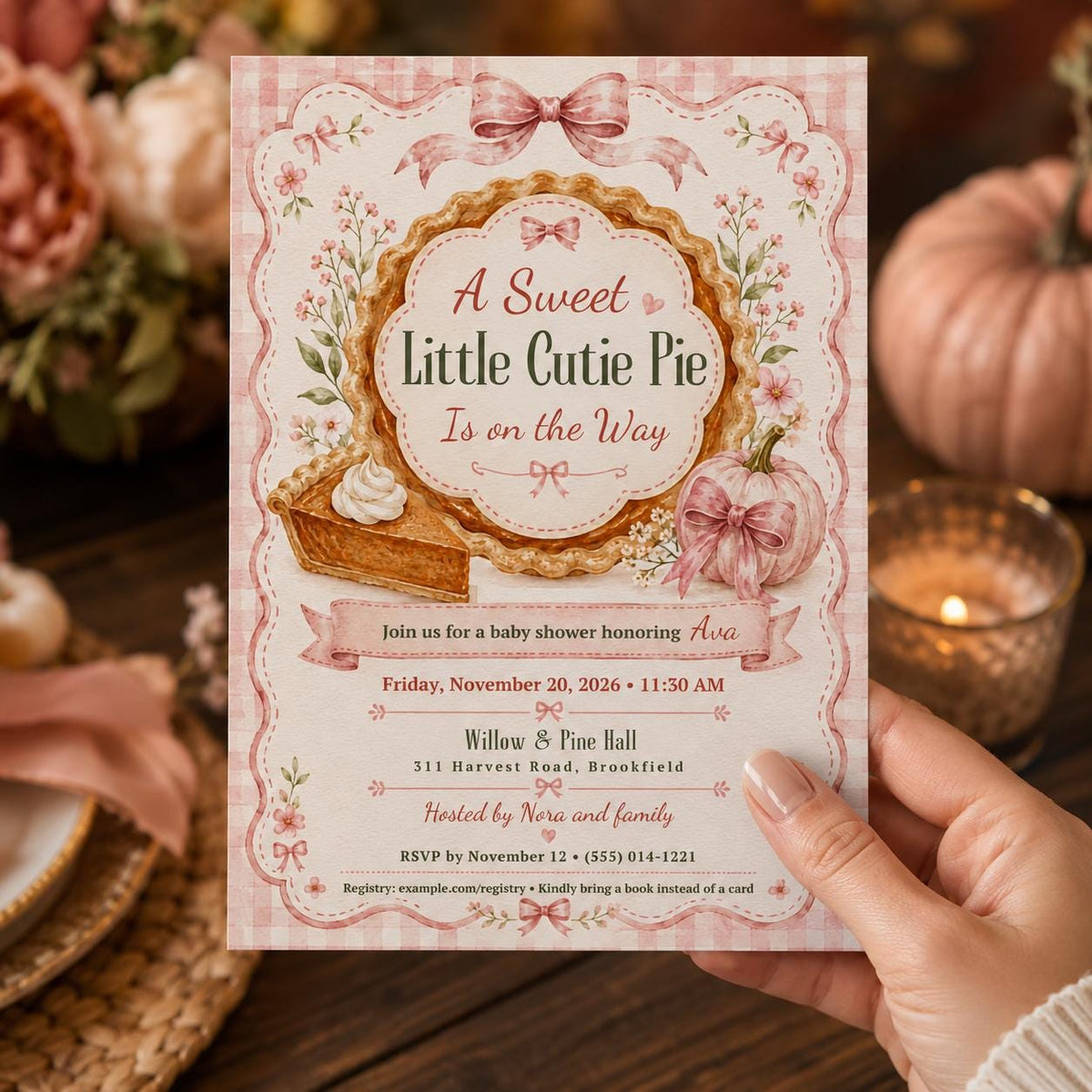 Pink Gingham Cutie Pie Baby Shower Invitation for Girls — coquette baby shower design
