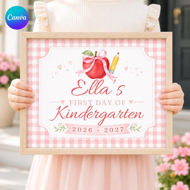 Pink Gingham First Day of Kindergarten Sign
