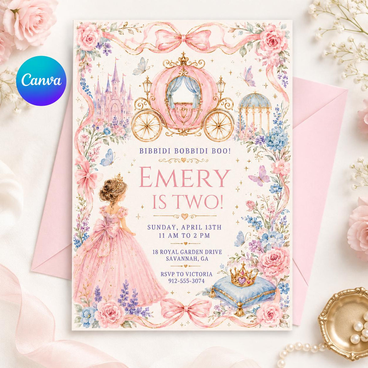 Pink Gingham Princess Carriage 2nd Birthday Invitation — editable Canva template