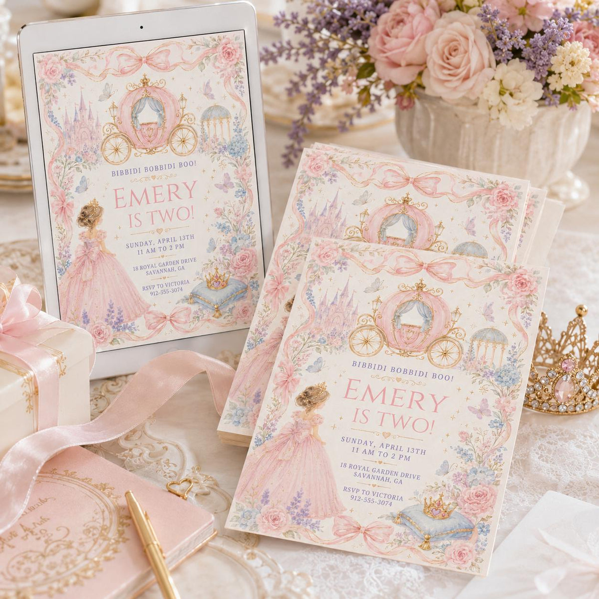 Pink Gingham Princess Carriage 2nd Birthday Invitation — storybook design