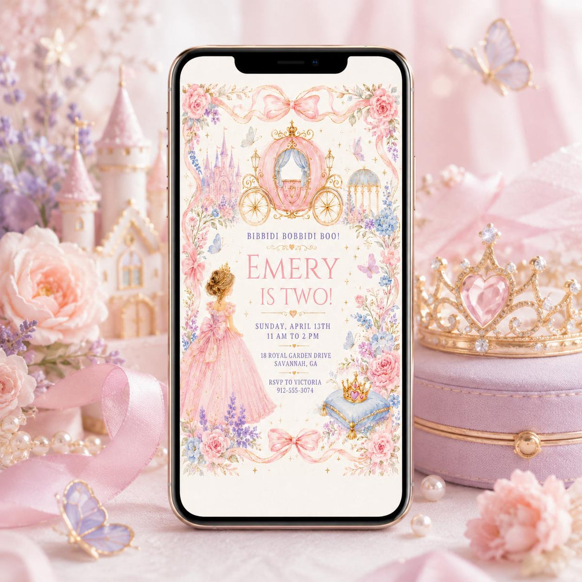 Pink Gingham Princess Carriage 2nd Birthday Invitation — invitation you personalize in Canva