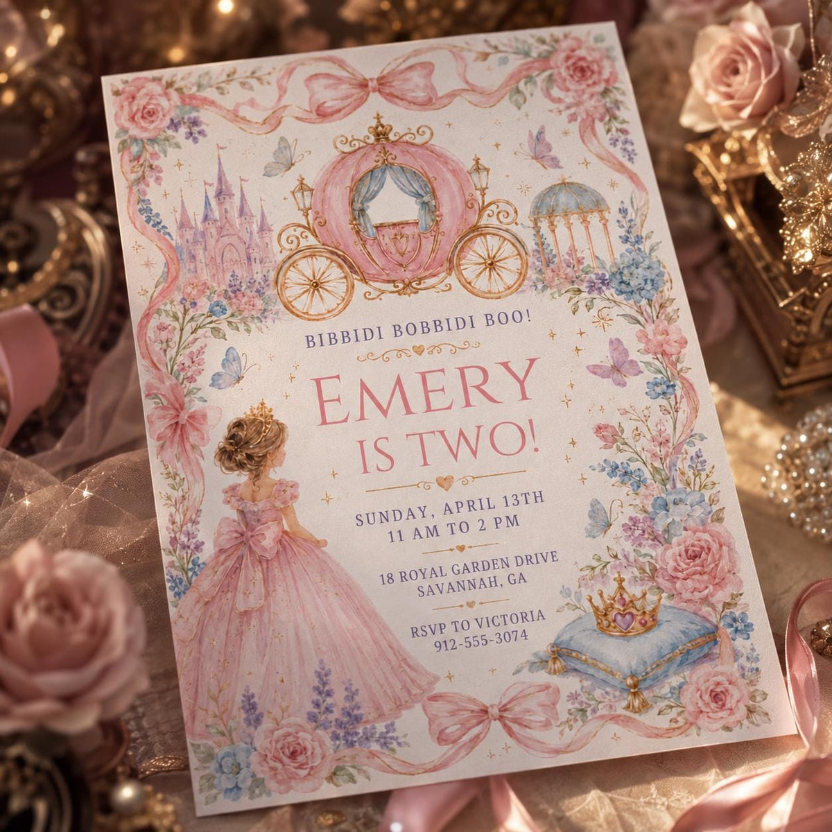 Pink Gingham Princess Carriage 2nd Birthday Invitation — print-ready 2nd birthday party design from VoltBy