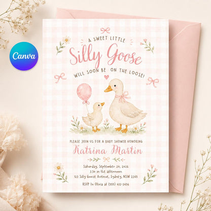 Pink Gingham Silly Goose Baby Shower Invitation — editable Canva template