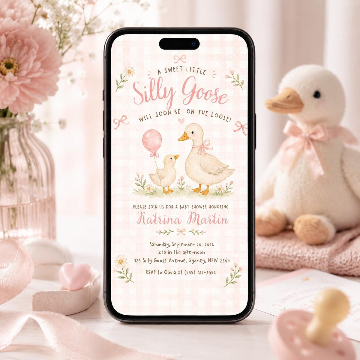 Pink Gingham Silly Goose Baby Shower Invitation — invitation you personalize in Canva