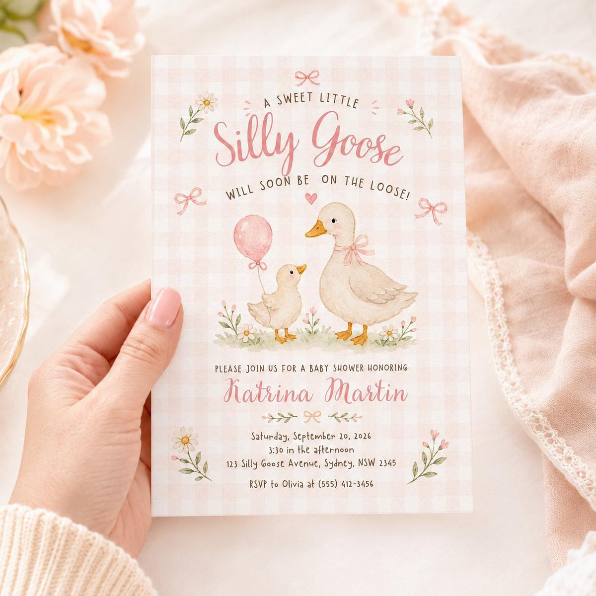 Pink Gingham Silly Goose Baby Shower Invitation — coquette baby shower design