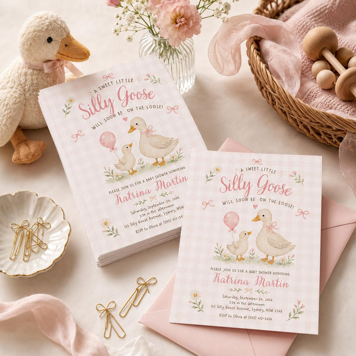 Pink Gingham Silly Goose Baby Shower Invitation — print-ready baby shower design from VoltBy