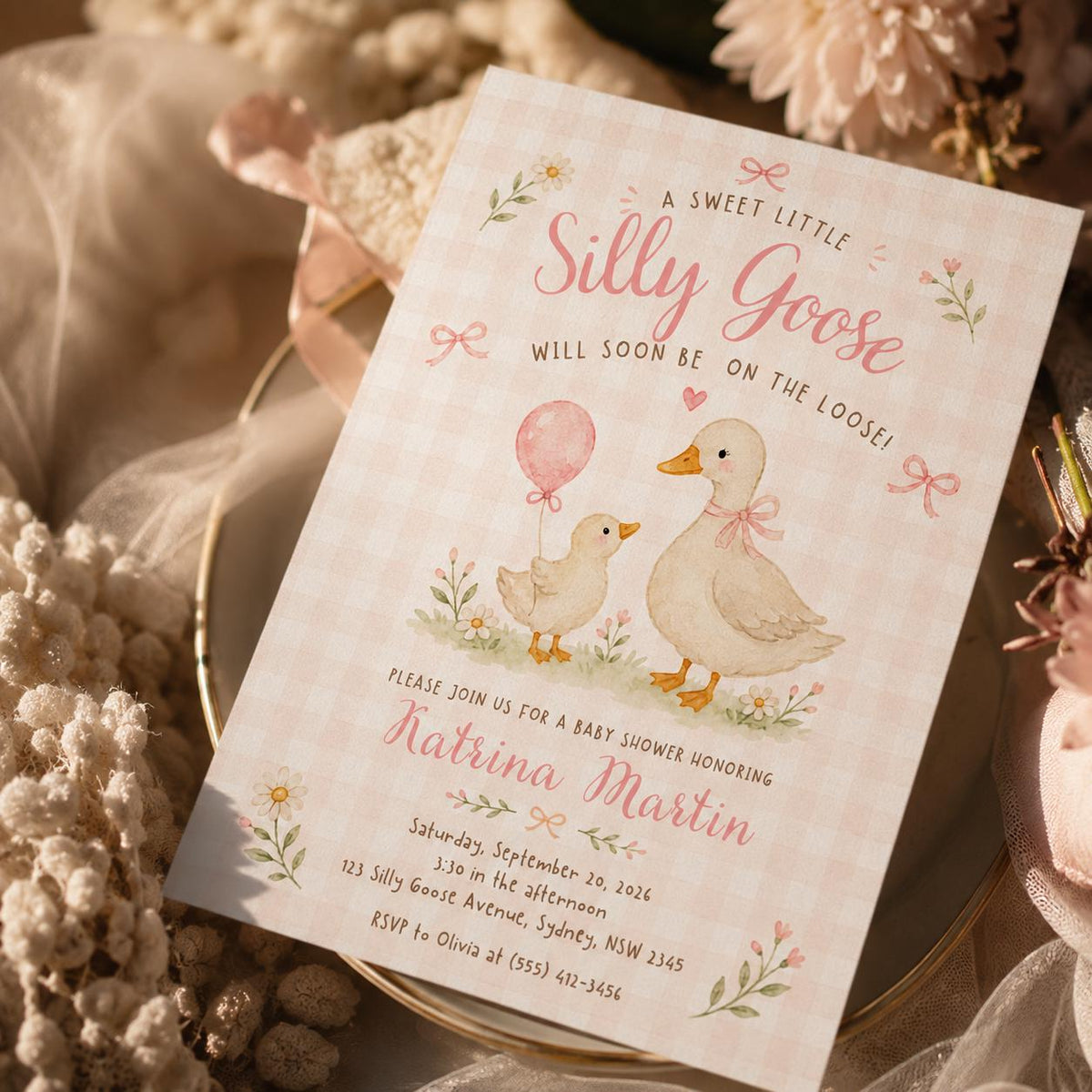 Pink Gingham Silly Goose Baby Shower Invitation — digital invitation, instant download
