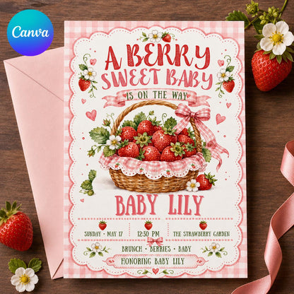 Pink Gingham Strawberry Baby Shower Invitation for Girls — editable Canva template
