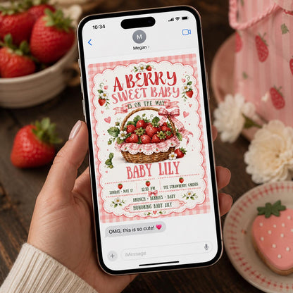 Pink Gingham Strawberry Baby Shower Invitation for Girls — invitation you personalize in Canva
