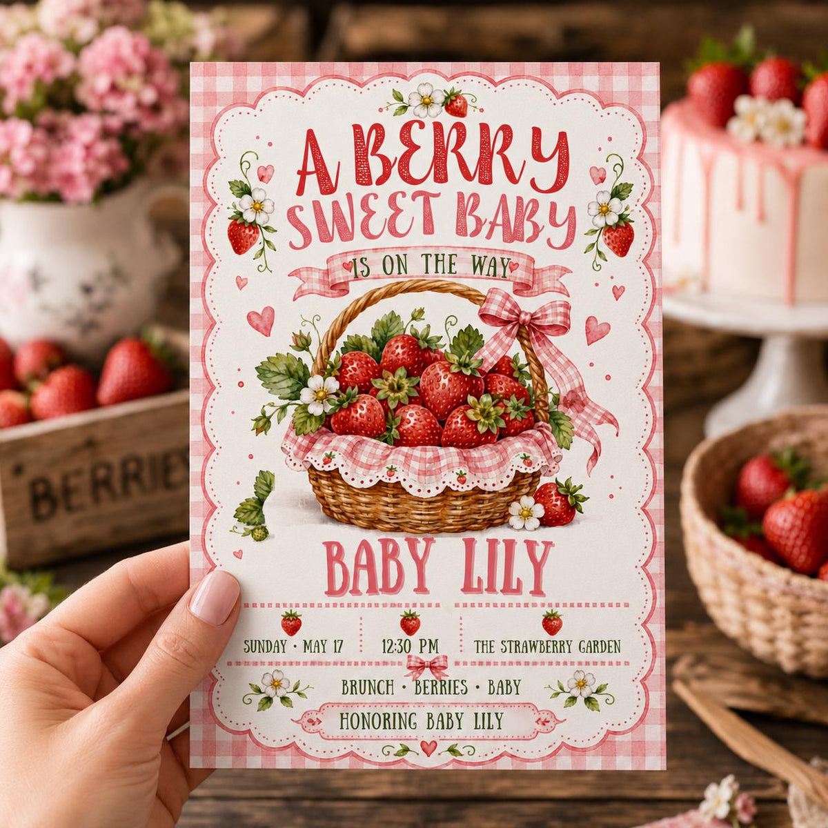 Pink Gingham Strawberry Baby Shower Invitation for Girls — print-ready baby shower design from VoltBy
