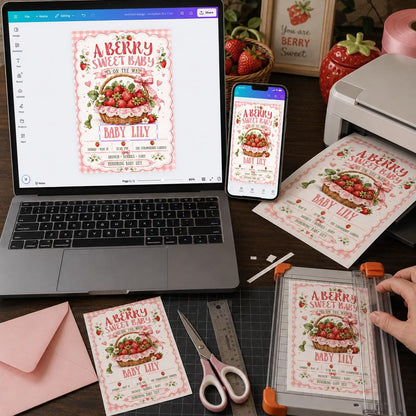 Pink Gingham Strawberry Baby Shower Invitation for Girls — digital invitation, instant download