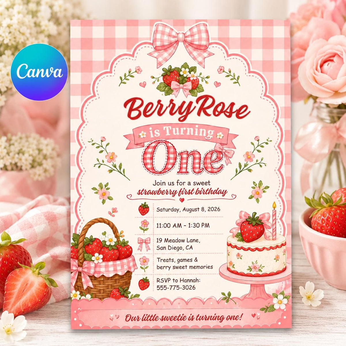 Pink Gingham Strawberry First Birthday Invitation for Girls — editable Canva template