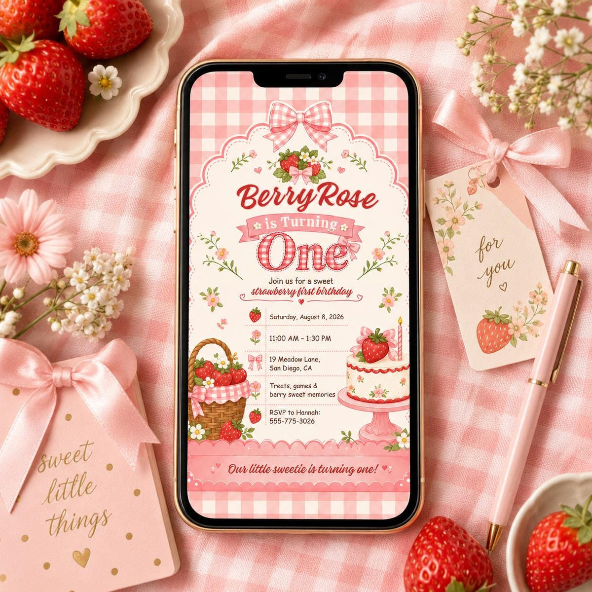 Pink Gingham Strawberry First Birthday Invitation for Girls — print-ready first birthday design from VoltBy