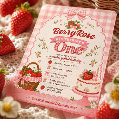 Pink Gingham Strawberry First Birthday Invitation for Girls — digital invitation, instant download