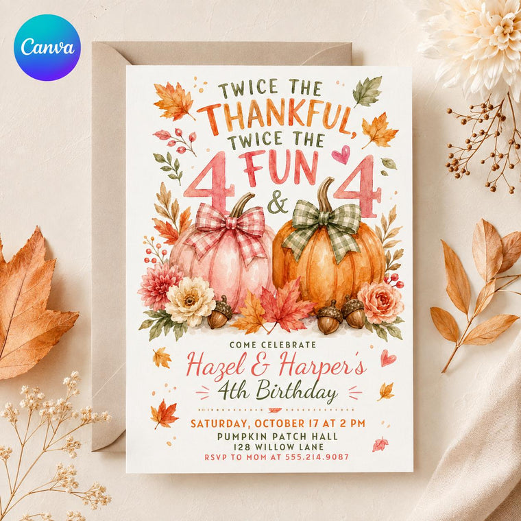 Pink Gingham Twin 4th Birthday Invitation