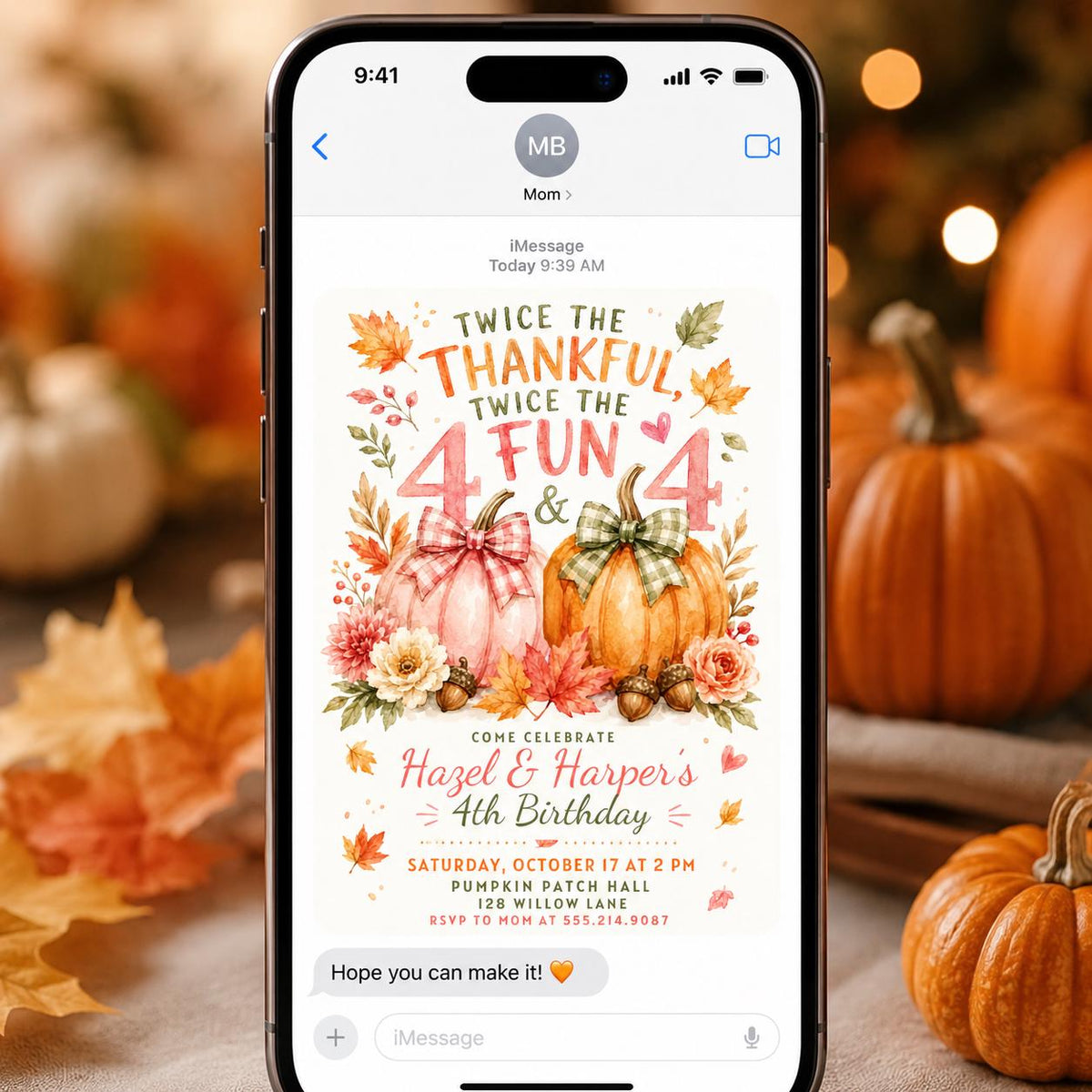 Pink Gingham Twin 4th Birthday Invitation — pumpkin design