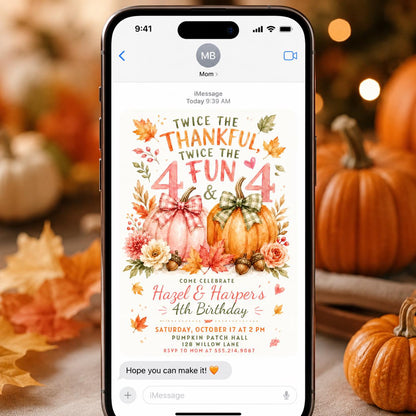 Pink Gingham Twin 4th Birthday Invitation — pumpkin design
