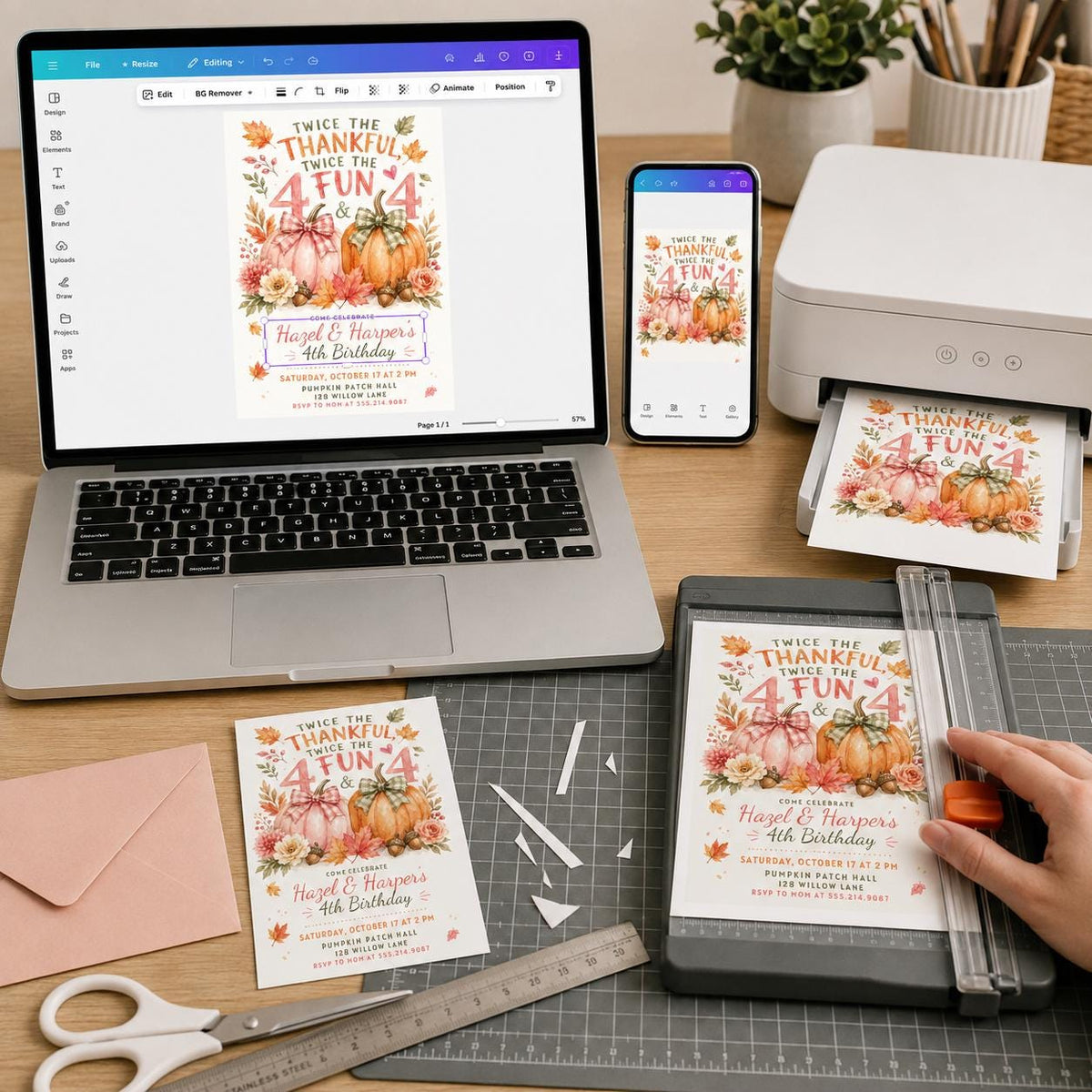 Pink Gingham Twin 4th Birthday Invitation — print-ready 4th birthday party design from VoltBy