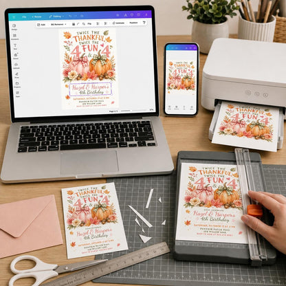 Pink Gingham Twin 4th Birthday Invitation — print-ready 4th birthday party design from VoltBy