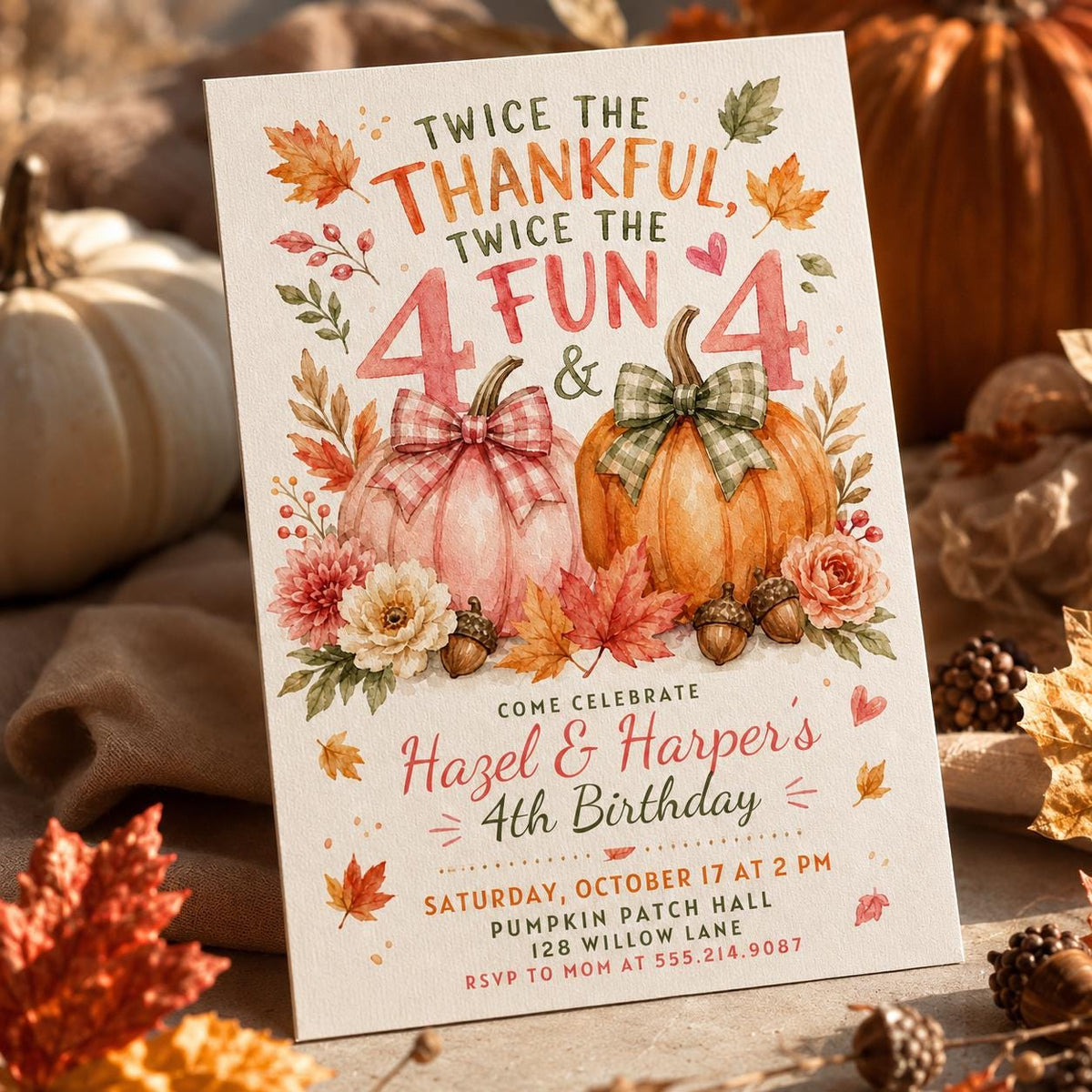 Pink Gingham Twin 4th Birthday Invitation — digital invitation, instant download