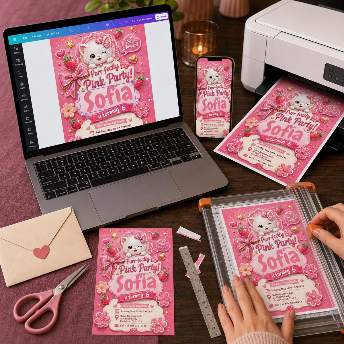 Pink Glitter Cat 6th Birthday Invitation for Girls — sparkle design