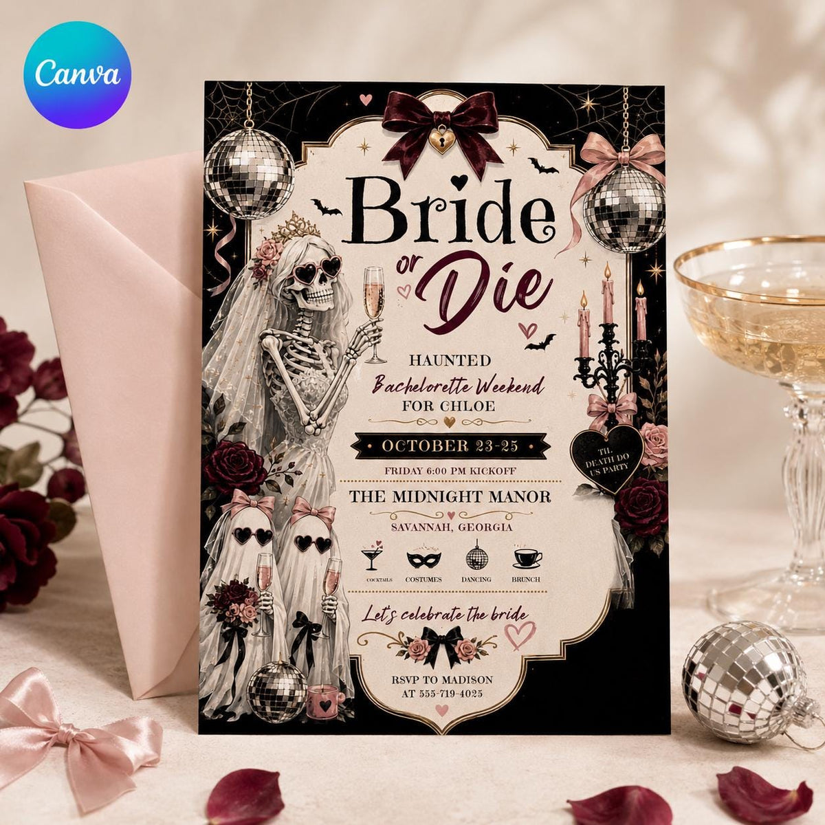 Pink Gothic Bride or Die Bachelorette Invitation — editable Canva template