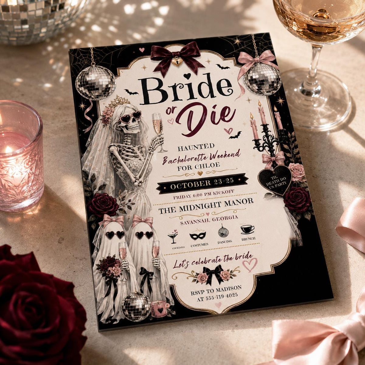 Pink Gothic Bride or Die Bachelorette Invitation — invitation you personalize in Canva