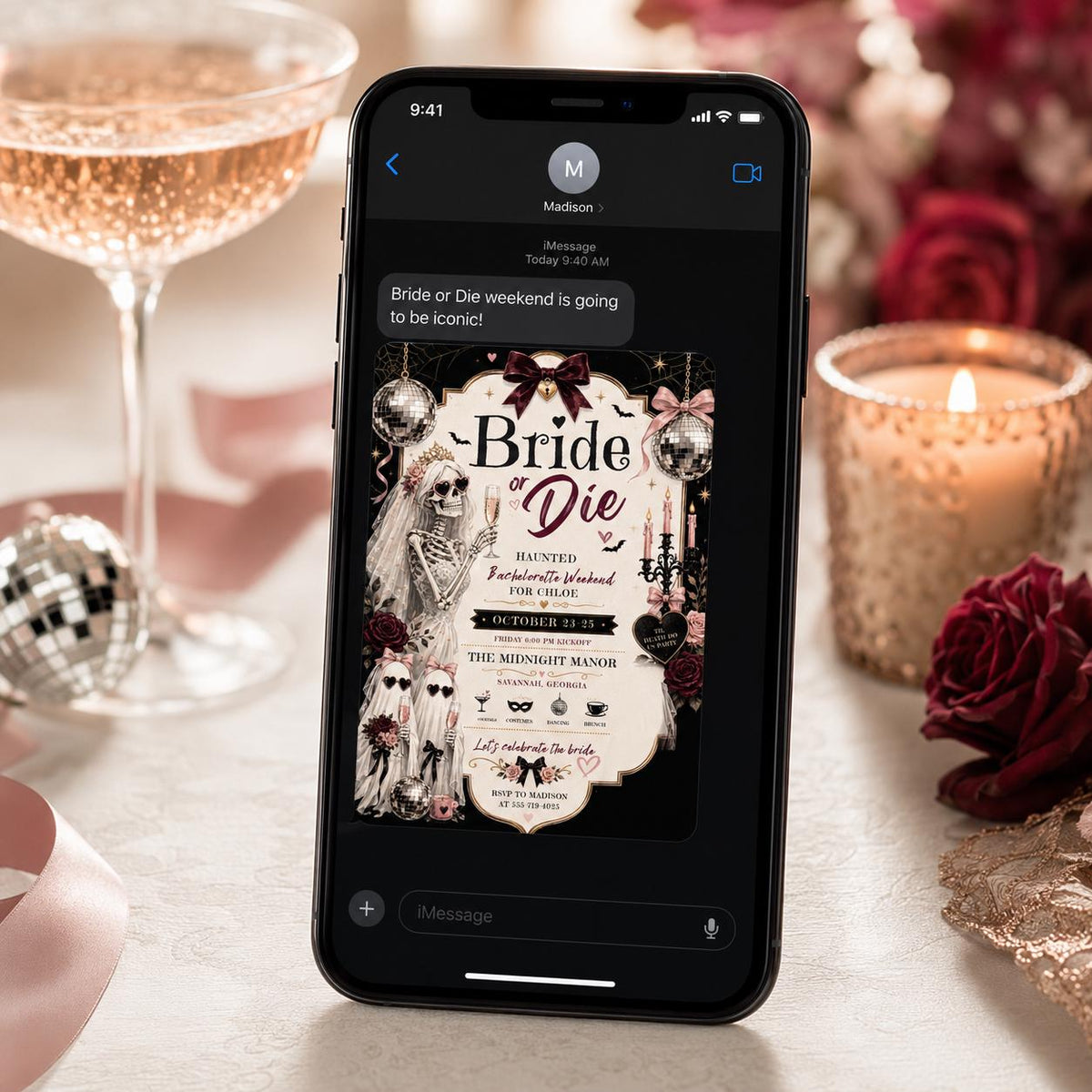 Pink Gothic Bride or Die Bachelorette Invitation — disco bachelorette party design