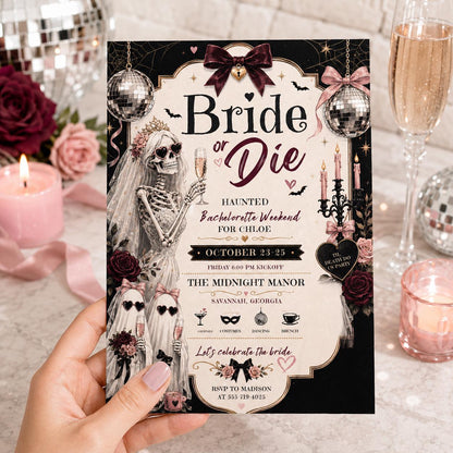 Pink Gothic Bride or Die Bachelorette Invitation — print-ready bachelorette party design from VoltBy