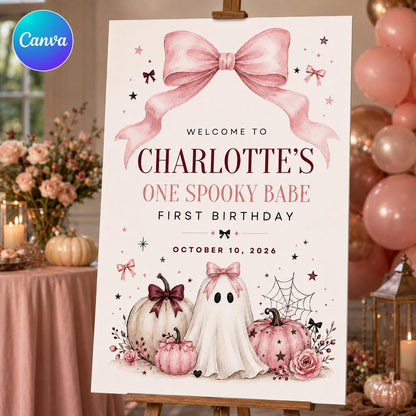 Pink Halloween First Birthday Welcome Sign — editable Canva template