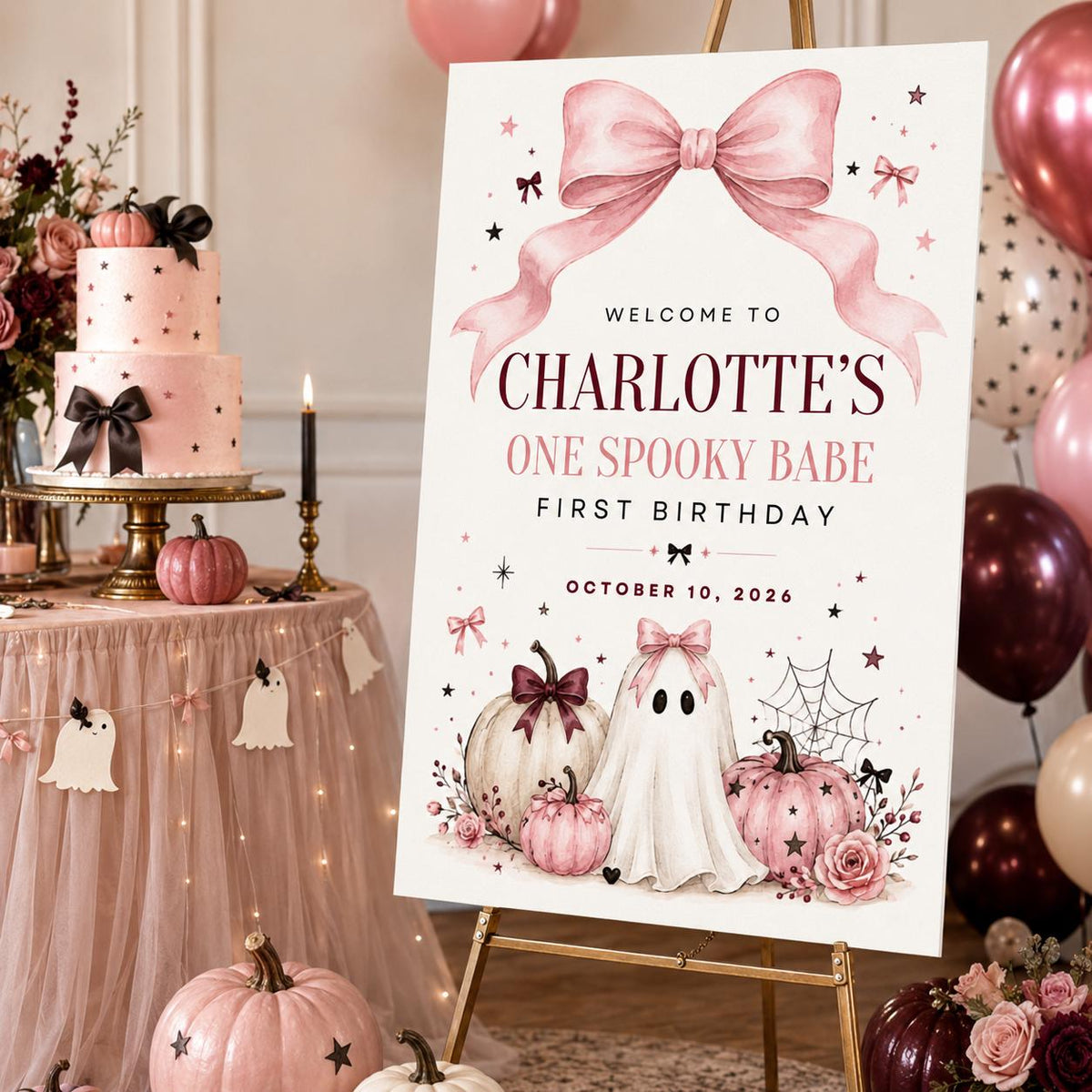 Pink Halloween First Birthday Welcome Sign — ghost design