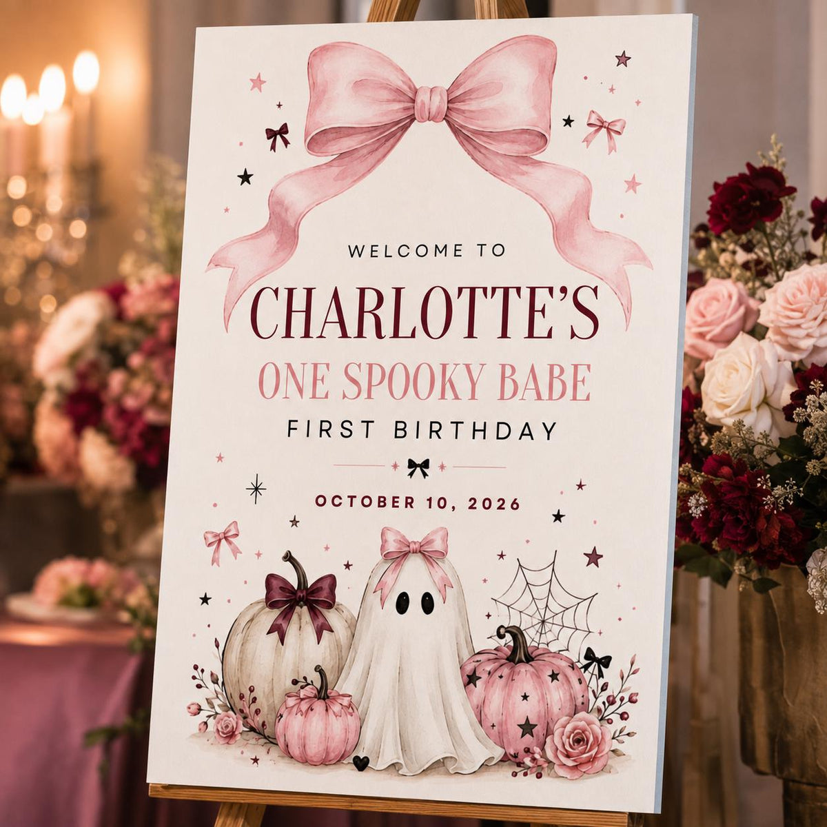 Pink Halloween First Birthday Welcome Sign — digital welcome sign, instant download