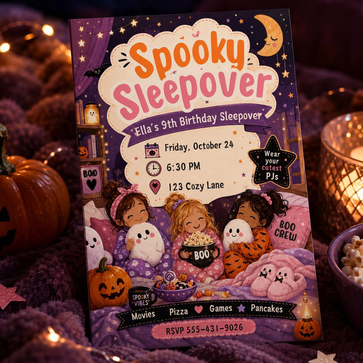 Pink Halloween Sleepover Invitation for Girls — invitation you personalize in Canva