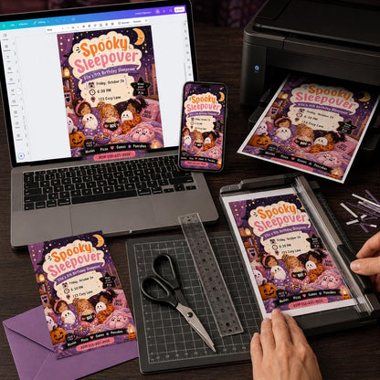 Pink Halloween Sleepover Invitation for Girls — print-ready 9th birthday party design from VoltBy