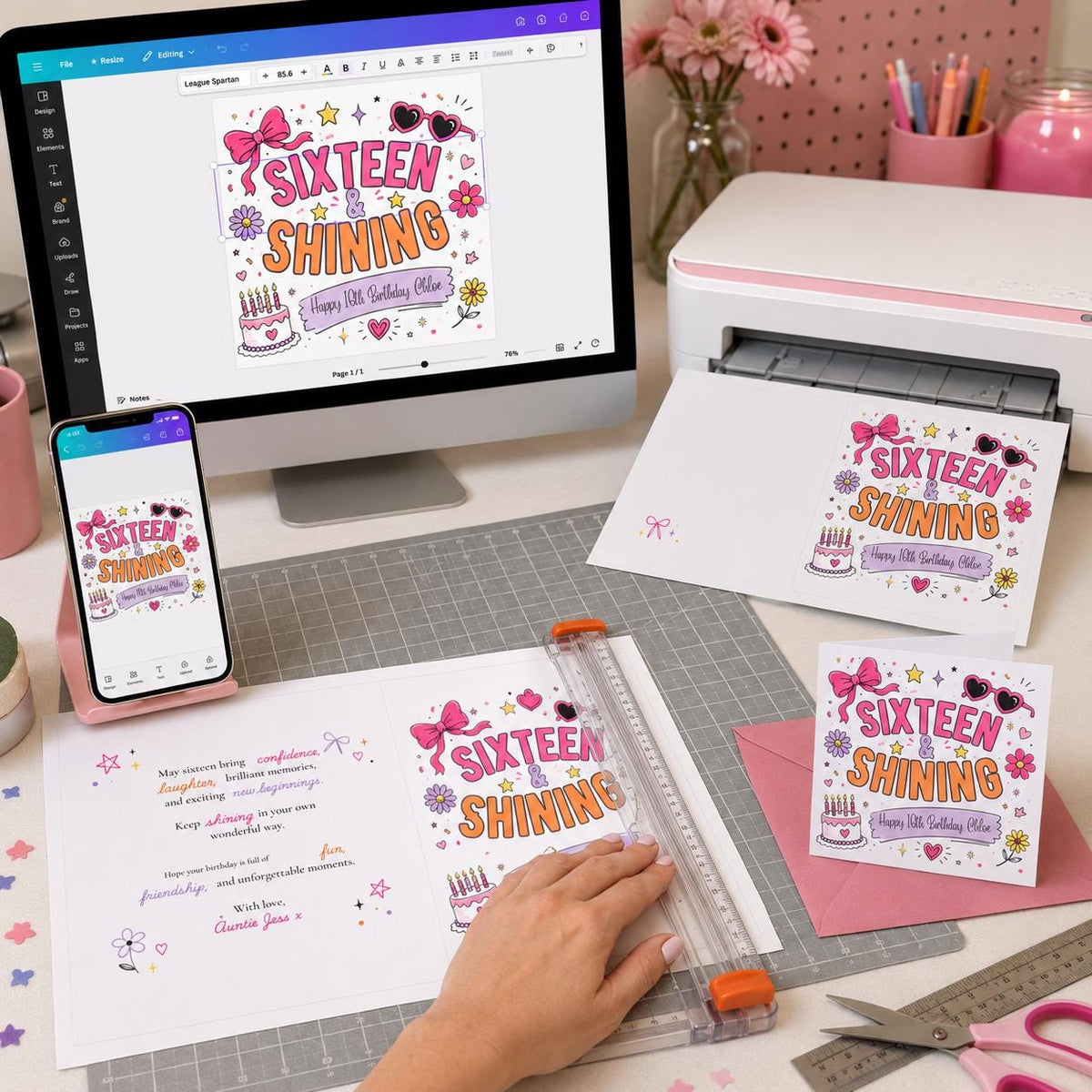 Pink Hand Drawn Sweet 16 Greeting Card for Girl — digital greeting card, instant download