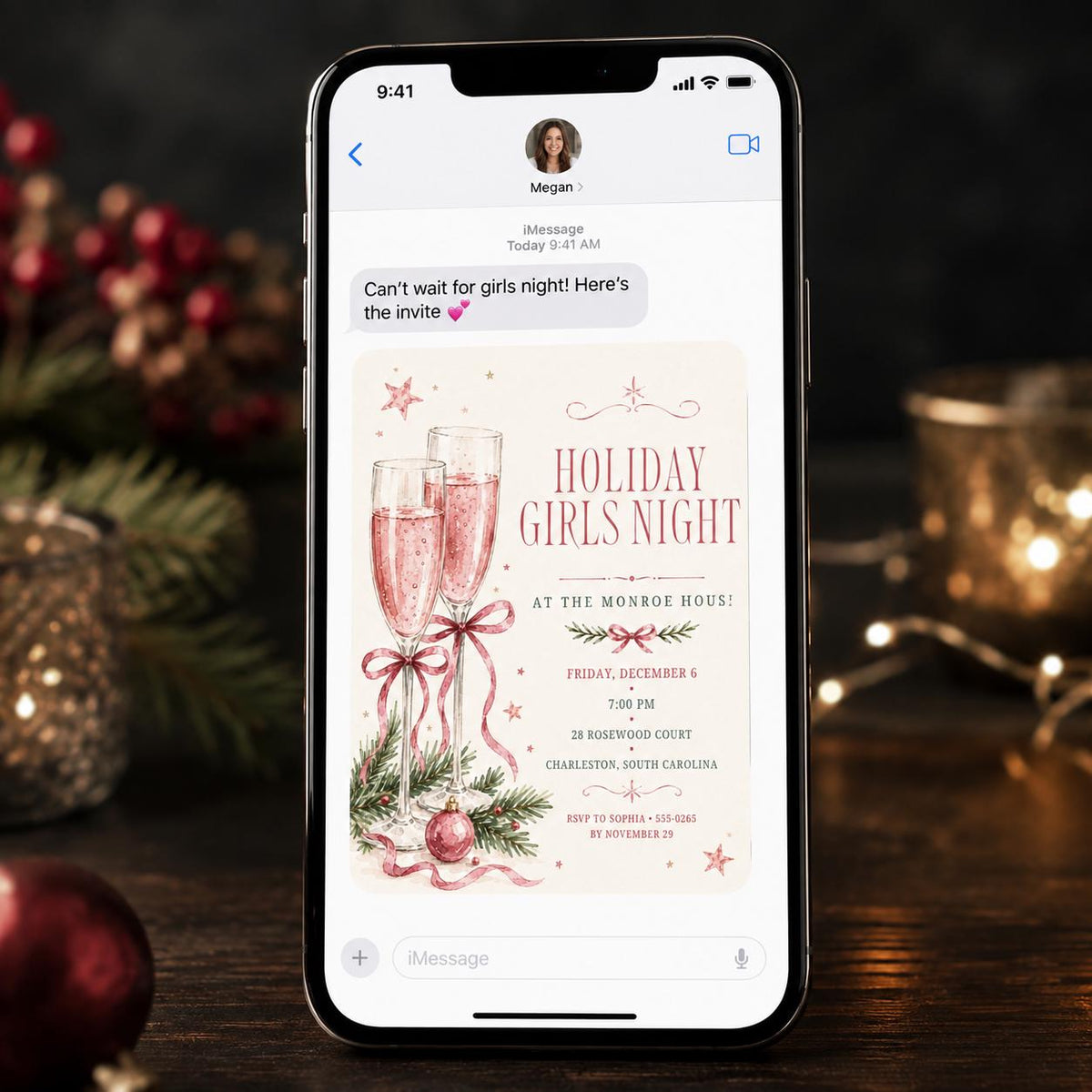 Pink Holiday Girls Night Invitation — champagne and cocktail design