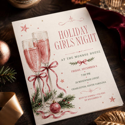 Pink Holiday Girls Night Invitation — digital invitation, instant download