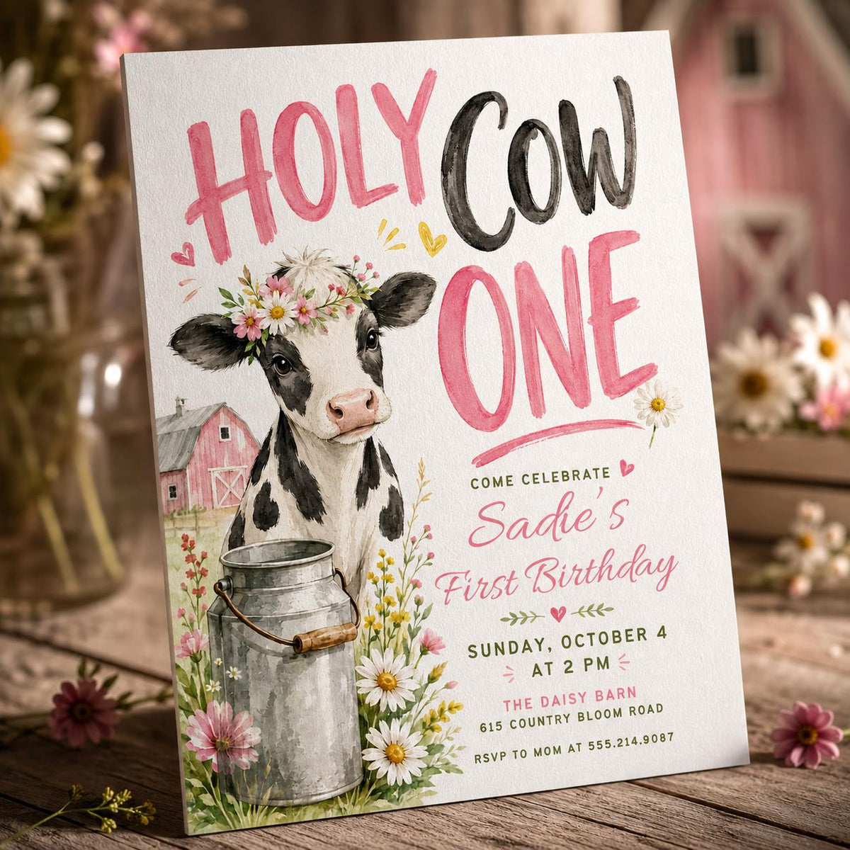 Pink Holy Cow First Birthday Invitation for Girls — digital invitation, instant download