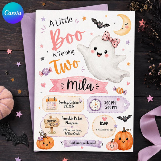 Pink Little Boo 2nd Birthday Invitation for Girls — editable Canva template